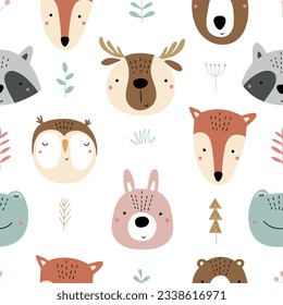 Seamless childish pattern with funny animals faces . Creative scandinavian kids texture for fabric, wrapping, textile, wallpaper, apparel. Vector illustration