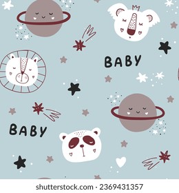 Seamless childish pattern with funny animals faces and planets.