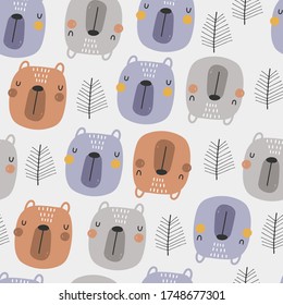 Seamless childish pattern with funny bear head and trees. Creative kids texture for fabric, wrapping, textile, wallpaper, apparel. Vector illustration. 