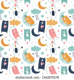 Seamless childish pattern with funny bears and moon. Creative kids texture for fabric, wrapping, textile, wallpaper, apparel. Vector illustration. 
