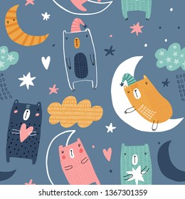 Seamless childish pattern with funny bears and moon. Creative kids texture for fabric, wrapping, textile, wallpaper, apparel. Vector illustration. 