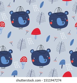 Seamless childish pattern with funny bears: Autumn in forest. Creative scandinavian kids texture for fabric, wrapping, textile, wallpaper, apparel. Vector illustration in orange, blue and red.