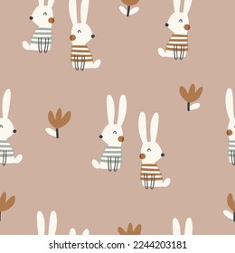 Seamless childish pattern with funny bunnies. Creative kids texture for fabric, wrapping, textile, wallpaper, apparel. Vector illustration. 