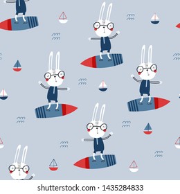 Seamless childish pattern with funny bunny-surfers in a swimming suits. Creative scandinavian kids texture for fabric, wrapping, textile, wallpaper, apparel. Vector illustration in red, blue 
