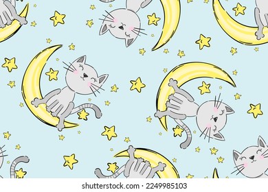 Seamless childish pattern with funny cats on moon and stars. Creative kids hand drawn texture for fabric, wrapping, textile, wallpaper, apparel. Vector illustration