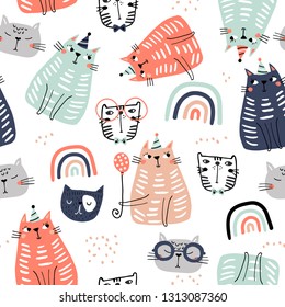 Seamless childish pattern with funny colorful cats and ranbows . Creative scandinavian kids texture for fabric, wrapping, textile, wallpaper, apparel. Vector illustration