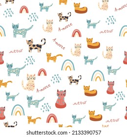 Seamless childish pattern with funny colorful cats and rainbows. Creative scandinavian kids texture. Meow inscription