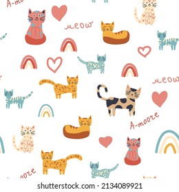 Seamless childish pattern with funny colorful cats and rainbows. Creative scandinavian kids texture. Meow inscription