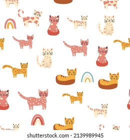 Seamless childish pattern with funny colorful cats and rainbows. Creative scandinavian kids texture. Meow inscription