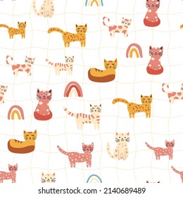 Seamless childish pattern with funny colorful cats and rainbows. Creative scandinavian kids texture. Meow inscription