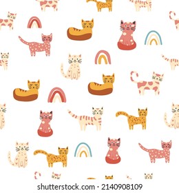 Seamless childish pattern with funny colorful cats and rainbows. Creative scandinavian kids texture. Meow inscription