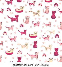 Seamless childish pattern with funny colorful cats and rainbows. Creative scandinavian kids texture. Meow inscription