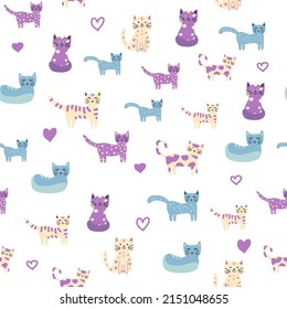 Seamless childish pattern with funny colorful cats and rainbows. Creative scandinavian kids texture. Meow inscription