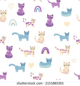 Seamless childish pattern with funny colorful cats and rainbows. Creative scandinavian kids texture. Meow inscription