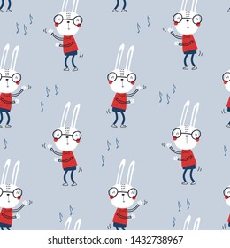 Seamless childish pattern with funny dancing rabbits in the forest.  Creative scandinavian kids texture for fabric Vector illustration in red, blue and gray.