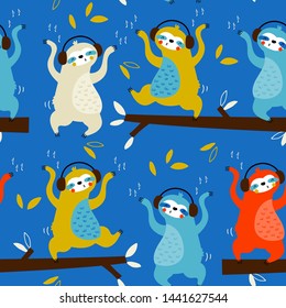 Seamless childish pattern with funny dancing slothes. Creative scandinavian kids texture for fabric, wrapping, textile, wallpaper, apparel. Vector illustration in red, blue, gray and pink.
