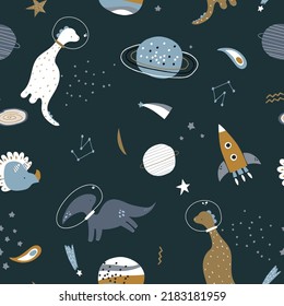 Seamless childish pattern with funny dino in a helmet in the space. Creative kids cosmos texture for fabric, wrapping, textile, wallpaper, apparel. Vector illustration