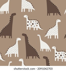 Seamless childish pattern with funny dinosaurs on brown background. Creative scandinavian kids texture for fabric, wrapping, textile, wallpaper, apparel. Vector illustration in pastel colours.