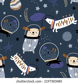 Seamless childish pattern with funny dogs astronauts. Space texture with cute pets. Vector illustration