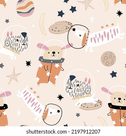 Seamless childish pattern with funny dogs astronauts. Space girlish texture with cute pets. Vector illustration