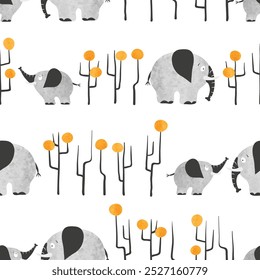 Seamless childish pattern with funny elephants and trees. Vector watercolor illustration