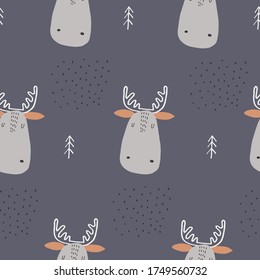 Seamless childish pattern with funny elk head and trees. Creative kids texture for fabric, wrapping, textile, wallpaper, apparel. Vector illustration. 