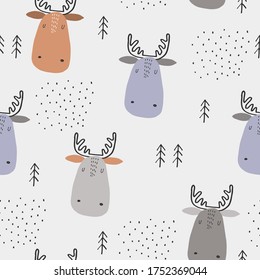 Seamless childish pattern with funny elk head and trees. Creative kids texture for fabric, wrapping, textile, wallpaper, apparel. Vector illustration. 