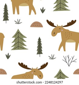 Seamless childish pattern with funny elk head and trees. Creative kids texture for fabric, wrapping, textile, wallpaper, apparel. Vector illustration.