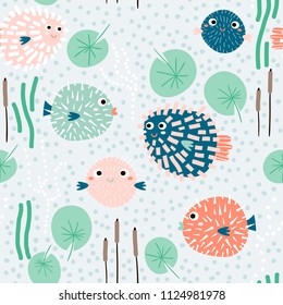 Seamless childish pattern with funny fish hedgehogs.Creative under sea summer texture for fabric, wrapping, textile, wallpaper, apparel. Vector illustration