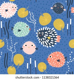 Seamless childish pattern with funny fish hedgehogs.Creative under sea summer texture for fabric, wrapping, textile, wallpaper, apparel. Vector illustration