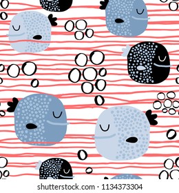 Seamless childish pattern with funny fish.Creative under sea summer texture for fabric, wrapping, textile, wallpaper, apparel. Vector illustration