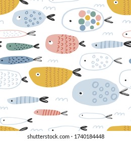 Seamless childish pattern with funny  fishes. Creative scandinavian kids texture for fabric, wrapping, textile, wallpaper, apparel. Vector illustration background in yellow and blue.