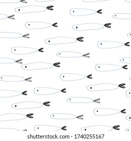 Seamless childish pattern with funny  fishes. Creative scandinavian kids texture for fabric, wrapping, textile, wallpaper, apparel. Vector illustration background in blue and black.