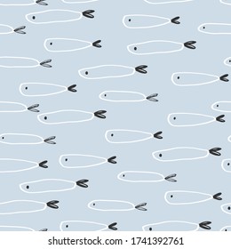 Seamless childish pattern with funny  fishes. Creative scandinavian kids texture for fabric, wrapping, textile, wallpaper, apparel. Vector illustration background in blue and black.