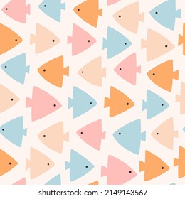 Seamless childish pattern with funny  fishes. Creative scandinavian kids texture for fabric, wrapping, textile, wallpaper, apparel. Vector illustration in pink, orange and blue.