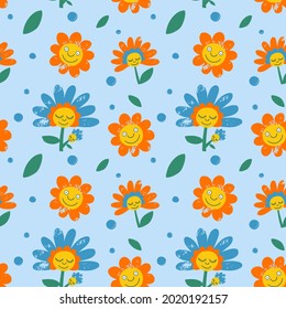 Seamless childish pattern with funny flowers. 
Creative kids texture for fabric, wrapping, textile, wallpaper, 
apparel. Seamless pattern with creative decorative flowers
 in cartoon styleer.