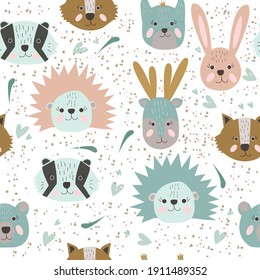 Seamless childish pattern with funny forest animals faces . Creative  kids texture for fabric, wrapping, textile, wallpaper, apparel. Vector illustration