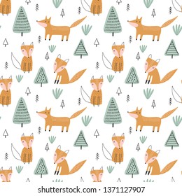 Seamless childish pattern with funny fox in the forest. Creative kids texture for fabric, wrapping, textile, wallpaper, apparel. Vector illustration. 