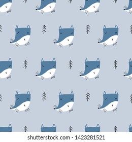 Seamless childish pattern with funny fox faces. Creative scandinavian kids texture for fabric, wrapping, textile, wallpaper, apparel. Vector illustration in blue and black.