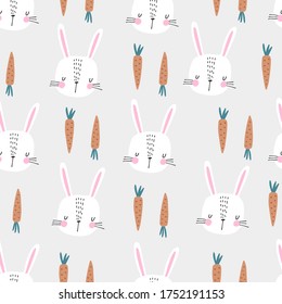 Seamless childish pattern with funny hares and carrots. Creative kids texture for fabric, wrapping, textile, wallpaper, apparel. Vector illustration. 