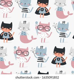 Seamless childish pattern with funny kitties. Creative scandinavian kids texture for fabric, wrapping, textile, wallpaper, apparel. Vector illustration in pastel colours.