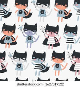 Seamless childish pattern with funny kitty - Super hero. Creative scandinavian kids texture for fabric, wrapping, textile, wallpaper, apparel. Vector illustration in pastel colours.