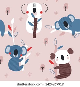 Seamless childish pattern with funny koala: Forest. Creative scandinavian kids texture for fabric, wrapping, textile, wallpaper, apparel. Vector illustration in red, blue, gray and pink.