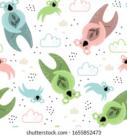 Seamless childish pattern with funny koala and clouds