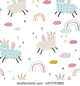 Seamless childish pattern with funny llama unicorns, rainbows, clouds. Creative kids texture for fabric, wrapping, textile, wallpaper, apparel. Vector illustration