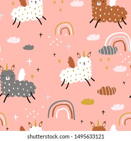 Seamless childish pattern with funny llama unicorns, rainbows, clouds. Creative kids texture for fabric, wrapping, textile, wallpaper, apparel. Vector illustration