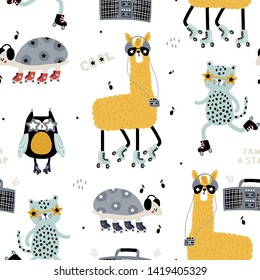 Seamless childish pattern with funny llamas, leopards,owl, turtle on roller skates . Creative scandinavian kids texture for fabric, wrapping, textile, wallpaper, apparel. Vector illustration