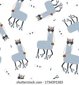 Seamless childish pattern with funny llamas on roller skates . Creative scandinavian kids texture for fabric, wrapping, textile, wallpaper, apparel. Vector illustration