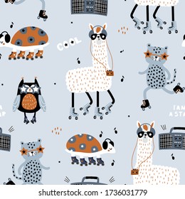 Seamless childish pattern with funny llamas, leopards,owl, turtle on roller skates . Creative scandinavian kids texture for fabric, wrapping, textile, wallpaper, apparel. Vector illustration