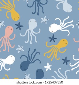 Seamless childish pattern with funny  octopuses. Creative scandinavian kids texture for fabric, wrapping, textile, wallpaper, apparel. Vector illustration background in yellow and blue.